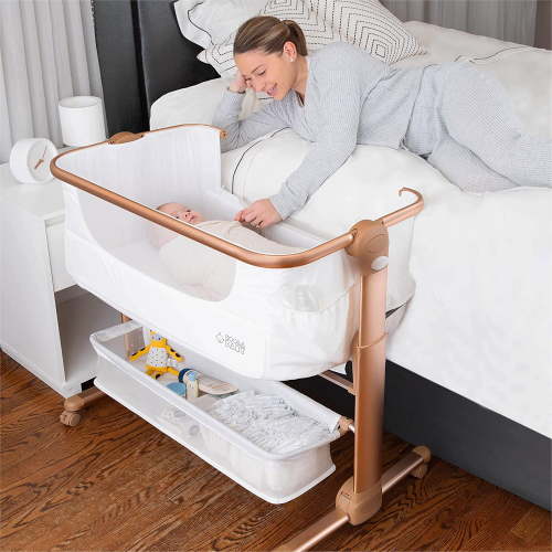 KoolerThings Baby Bassinet, Bedside Sleeper for Baby, Easy Folding Portable Crib with Storage Basket for Newborn, Bedside Bassinet, Comfy Mattress/Travel Bag Included (White and Gold) C21