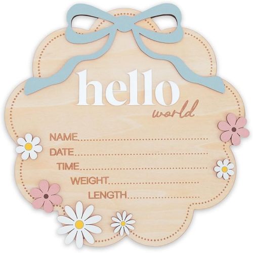 Hello World Wooden Baby Birth Announcement Sign with Pink Bow, Cloud Shape Floral Newborn Name Date Time Weight Length Board, Baby Girl Nursery Photo Prop (Light Pink)