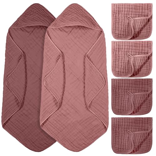 VitalCozy 6 Pcs Baby Muslin Hooded Bath Towels and Washcloths, Muslin Hooded Baby Towels Absorbent Blankets for Gift Newborn Infant Shower (Mauve,Burgundy)