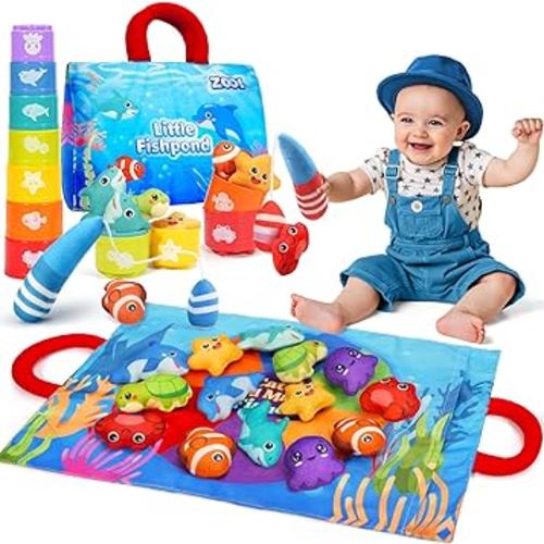 ZOOI Toddler Montessori Toys for 1-3 Year Old, 24PCS Cloth Fishing Game with Stacking Cups for Hand-Brain Coordination, Sensory Baby Toys 6-12 Months, 1-3 Year Old Girl Boy Birthday Gifts