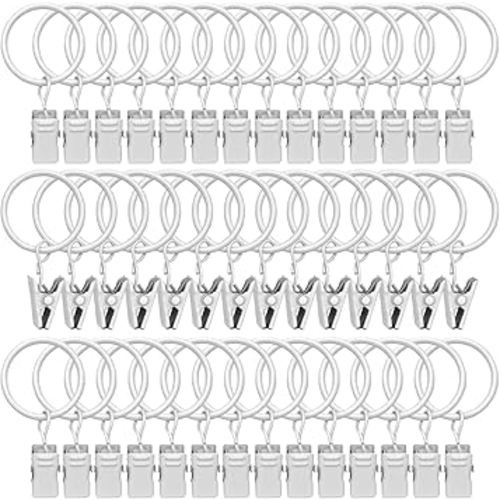 42 Pack Curtain Rings with Clips 1.26" Interior Diameter,Metal Drapery Ring with Clips Compatible with up to 1 inch Drapery Rod,Strong Vintage Decorative Rustproof Drapery Ring with Hooks(White)