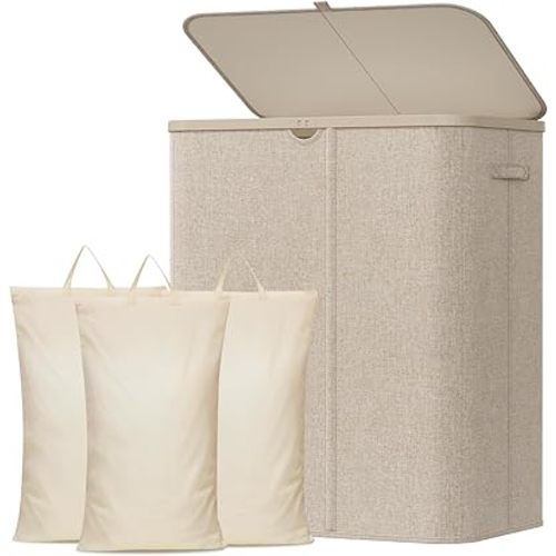 Lifewit 185L Large 3 Section Laundry Hamper with Lid, Plastic Laundry Basket with Bamboo Handles and Removable Bags, Tall Foldable Clothes Hamper for Bathroom Bedroom, Beige