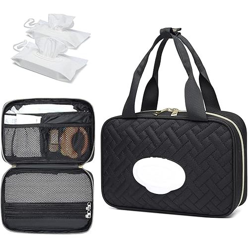 Diaper Bag Organizer with 2 Pieces Wipes Dispensers, Portable Stroller Mini Diaper Bag Pouches Travel Gear, Foldable Newborn Baby Essentials, Small Diaper Clutch Bag, Black