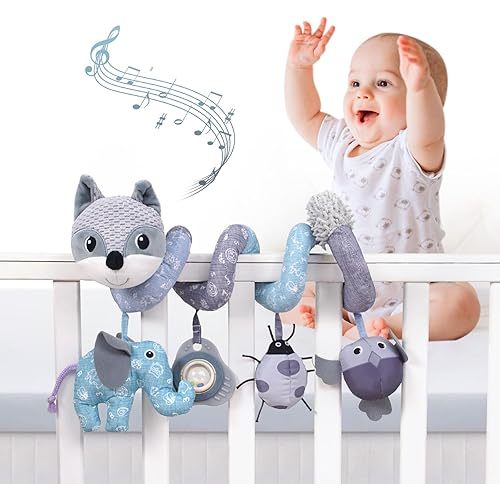 Jollybaby Crib Stroller Car Seat Toys for Baby 0-3-6-9-12 Months, Tummy Time Hanging Sensory Toys for Newborn with Music Box and Teether, Spiral Carseat Toy for Infant Boys Girls Gifts (12-Grey Fox)