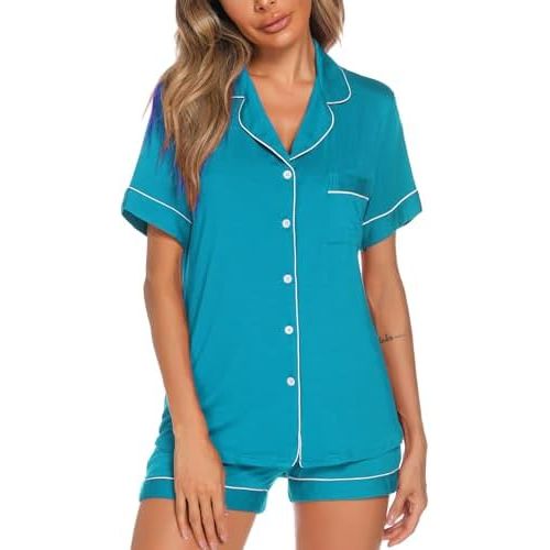 Aamikast Button Up Pajama Set for Women Shorts Short Sleeve Knit Sleepwear 2 Pice Pjs Sets