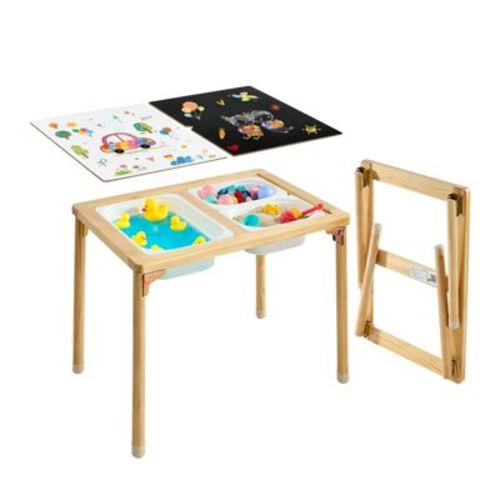 Foldable Wooden Sensory Table for Toddlers with Double-Sided Board and Storage Bins, Kids Activity Table 29 Inch