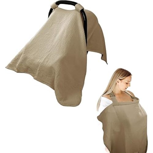 Hooyax 2-in-1 Baby Car Seat Cover & Nursing Cover, 100% Muslin Cotton, Breathable Car Seat Canopy and Privacy Breastfeeding Cover, Brown
