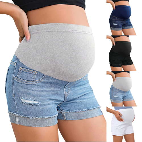 Purcolt Maternity Denim Shorts Over The Belly High Waist Distressed Cuffed Hem Stretchy Comfy Pregnancy Jeans Shorts