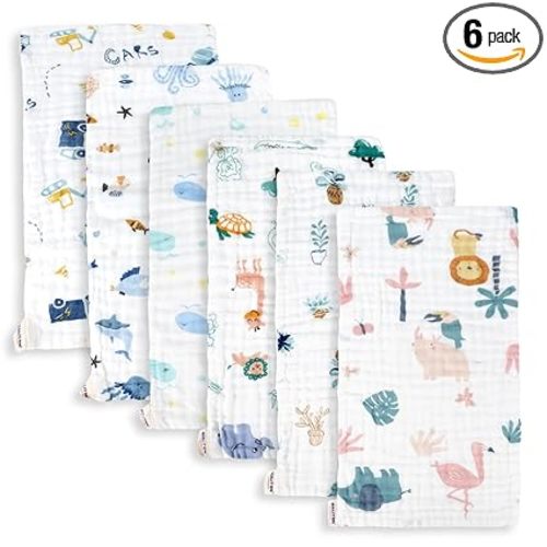 Maliton Muslin Baby Burp Cloths 6 Pack Large 20''x10'' 100% Cotton Burp Rags Absorbent and Soft 6 Layers Muslin Cloth Baby Essentials for Newborn(Animals and Cars, Pack of 6)
