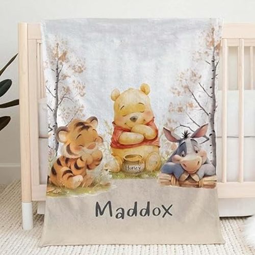 Personalized Pooh Bear Blanket, Soft & Warm Cozy Fleece Custom Blanket Kids, Pooh Bear and Friends, Bears Nursery Theme, Birthday Gift for Kids, Newborn Bed Throw, 15