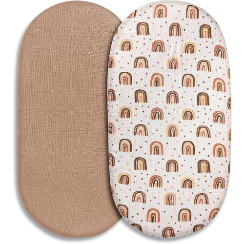 Muslin Bassinet Fitted Sheets 2 Pack, Soft Breathable Cotton Baby Bassinet Mattress Sheet Set, 360° Elastic Snug Fit, Universal for Oval, Rectangle & Hourglass Cradle, Baby Bedding (Cute Rainbow)