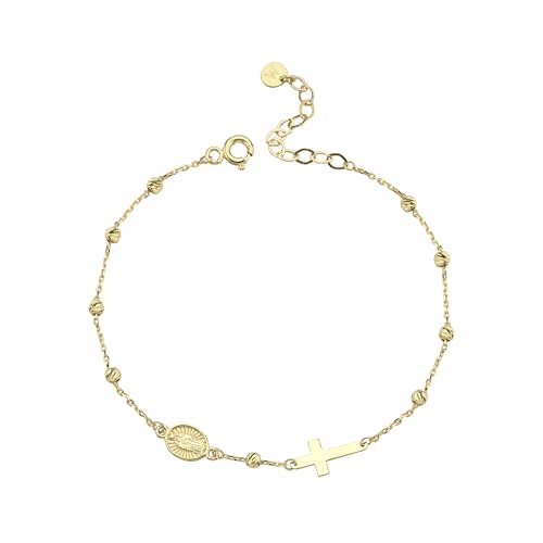 MIONZA 14K Solid Gold Rosary Sideways Cross Bracelet for Women, Adjustable Cross Bracelet, Religious Charm Catholic Jewelry, Christian Baptism Gift for Her