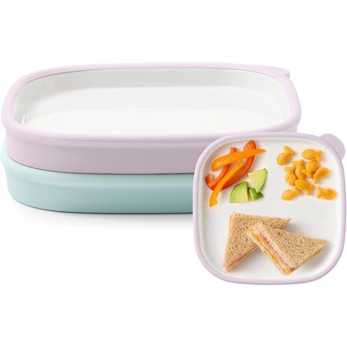 Ello Clean Start Ceramic Toddler Plates with Sleeves, 2 Pack, Dewdrop/Sugarplum