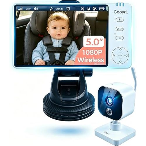 Portable Baby Car Camera Wireless 1080P, 5'' IPS Travel Monitor with Night Vision for Car Seat, 8 Lullabies, 2-Min No-Tool Setup, Caravan RV Pet Camera for Road Trip, Home Nursery