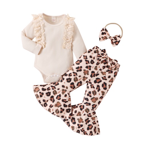 Wassery Newborn Baby Girls Clothes Infant Fall 3PCS Outfits Sets olid Ribbed Long Sleeve Romper Top +Flower Pattern Flare Pants +Bow Headband 0-18 Months