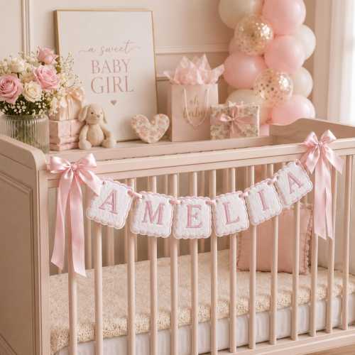 Embroidered Baby Name Banner with Bows, Handmade Nursery Garland, Personalized Baby Boy Decor