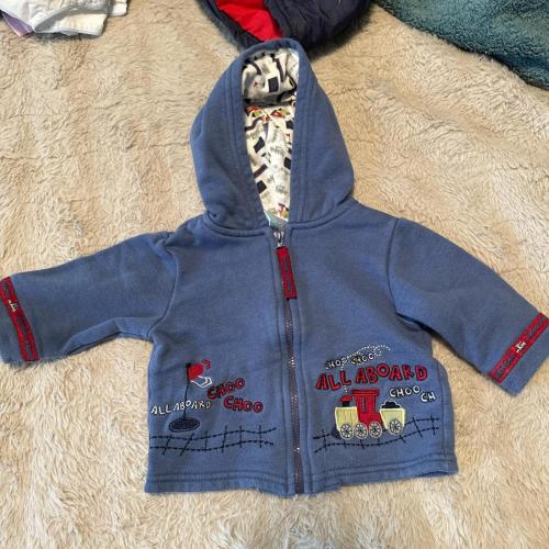 Blue embroidered train zip up baby jacket 
Vintage...