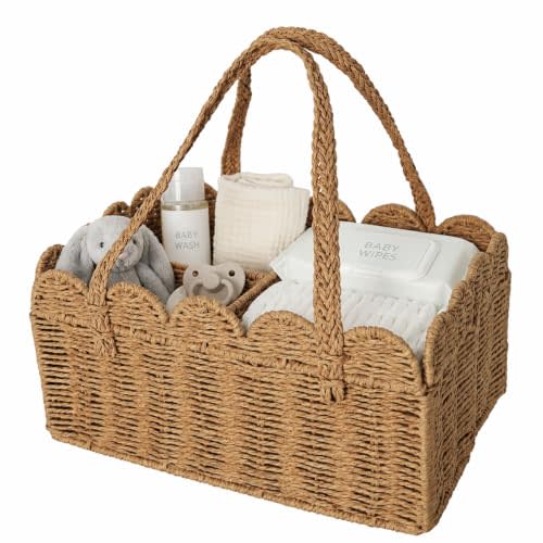 Diaper Caddy Organizer, Paper Rope Storage Baskets Nursery Bin with Removable Divider, Woven Scalloped Portable Car Organizer for Diapers, Baby Shower Gifts, Newborn Essentials Must Haves (Camel)