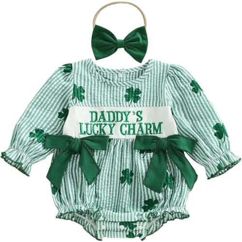 Baby Girl St Patricks Day Clothes Shamrock Print Bubble Romper Long Sleeve Bow Jumpsuit with Headband Outfits