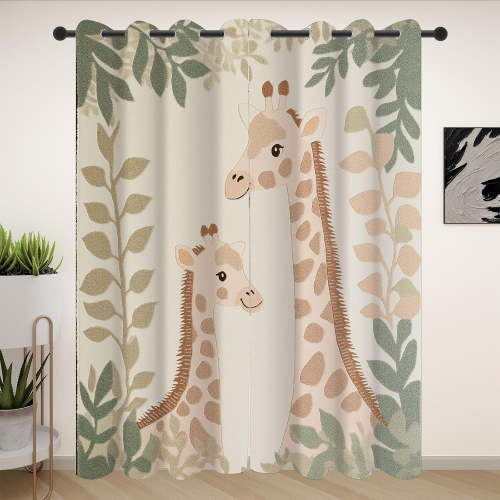 Cartoon Giraffe Blackout Curtains For Bedroom, Wildlife Grommets Curtains Room Darkening Soundproof Thermal Insulated, Jungle Plant Leaf Drapes 42"W x 84"L (Pack of 2)