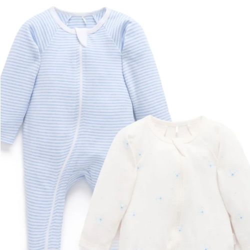 Purebaby Organic Zip Growsuit 2 Pack - Pale Blue Bear