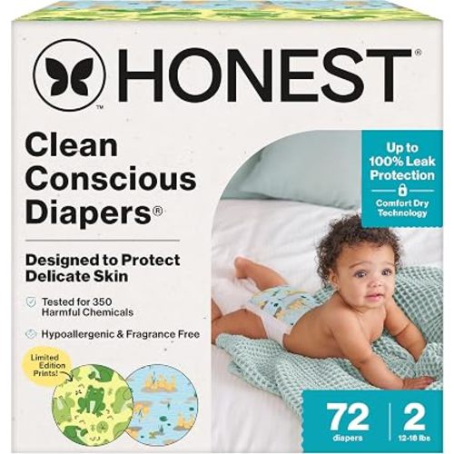 The Honest Company Diapers, Hypoallergenic, UR Ribbiting, Size 2, 72 Count