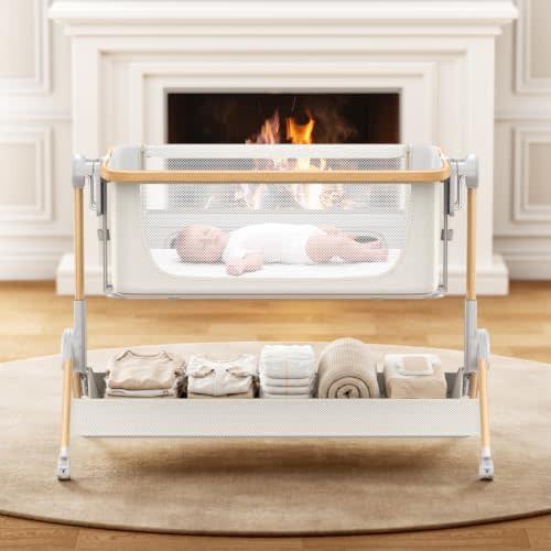 ANGELBLISS Baby Bassinet, One-Click Folding Bedside Bassinet with Carry Bag | 3-in-1 Rocking Baby Bassinet with Full Mesh, 6 Height, Comfy Mattress, Waterproof Sheet and Wheels