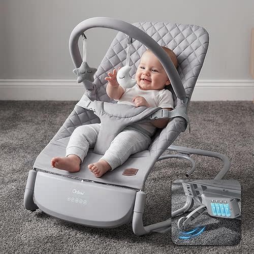 Orzbow Electric Baby Bouncer & Rocker with Innovative Auto Rocking Motion, Adaptable 3-Speed, Smart Tap Sensing, Soothing Sounds, and 3 Recline Positions, 2-in-1 Automatic Baby Rocker Chair, Grey