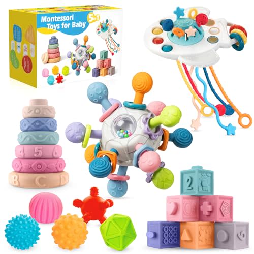 SpringFlower 0-3-6-12 Months Baby Toys, 5 in 1 Montessori Toys for Babies, Teething Toy & Stacking Building Block & Ring & Silicone Pull String, Sensory Development Baby Infant Toy, Gift for Babies