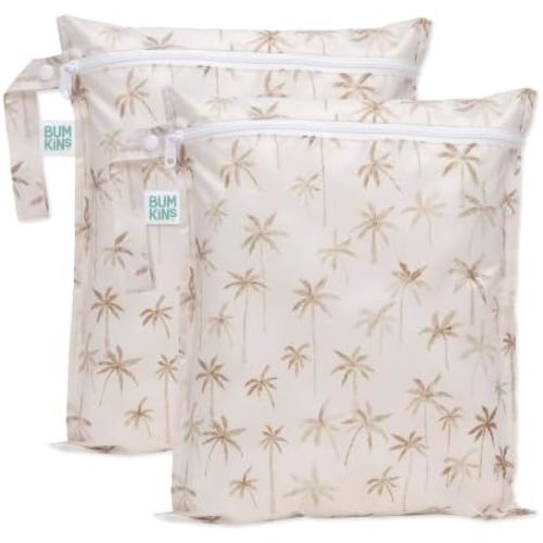 Bumkins - Waterproof Wet Bag - For Baby, Travel, Swim Suit, Cloth Diapers, Pump Parts, Pool, Gym, Toiletry, Strap to Stroller - Reusable & Easy to Clean - 2pk - Beige Palms