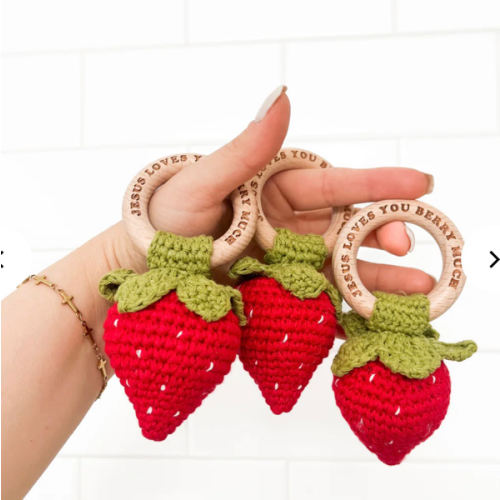 Jesus Loves You Berry Much Strawberry Knitted Teether Rattle