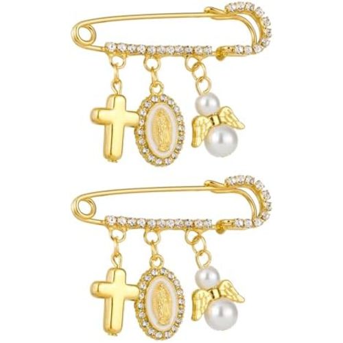 Cottvott St. Benedict Safety Pin Crystals Brooch Lapel Pins with Cross Pendant Our Lady Guadalupe Medal Imitation Pearl Brooch for Women Backpack Clothing Badges