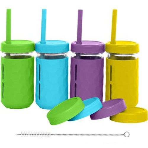 WeeSprout Glass Cups with Lids & Straws, Spill-Resistant Cups for Toddlers & Kids, Set of 4