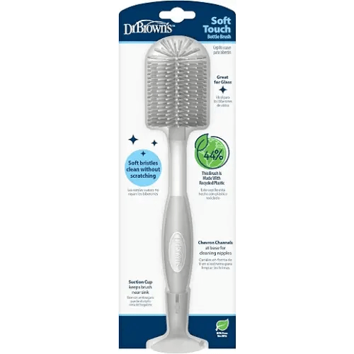 Dr. Brown's Soft Touch No Scratch Baby Bottle Cleaning Brush, Nipple Cleaner & Suction Cup Base for Easy Storage, BPA Free, Gray (Pack of 1)