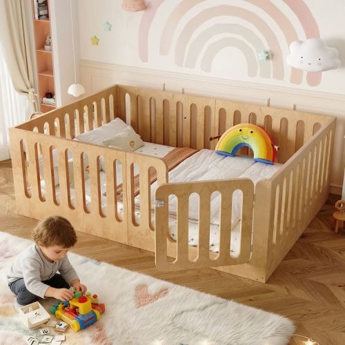 Bellemave Full Floor Bed with High Fence,Solid Wood Kids Montessori Floor Bed Frame with Door,Low-Profile and No Box Spring Needed,Natural
