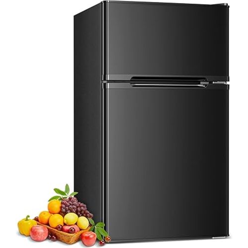 COWSAR 3.2 Cu.Ft Fridge with Freezer, Double Door Compact Fridge for Bedroom, Adjustable Thermostat, Energy-efficient Low Noise Small Refrigerator For Dorm, Office, Bar, RV, Bedroom,Commercial
