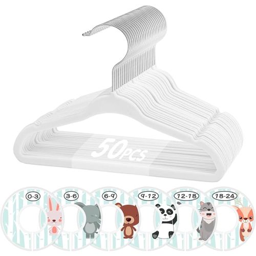 VIS'V Baby Hangers, 11 Inch Velvet Kids Hangers with 6 Pcs Clothes Size Dividers, Infant Toddler Nursery Closet Organization, Non Slip, Beige, 50 Pcs