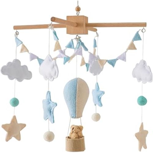 Baby Mobile for Crib, Baby Crib Mobile for Boys Girls, Baby Mobile, Boho Nursery Mobile, Nursery Decor - Hot Air Balloon Star Cloud Bunting Flags, Gender Neutral Baby Gift