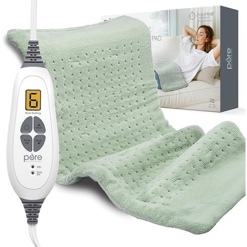 Pure Enrichment PureRelief XL Heating Pad - 12" x 24" Electric Heating Pad for Back Pain & Cramps, 6 Heat Settings, FSA/HSA Eligible, Soft Machine Wash Fabric, Auto-Off & Moist Heat (Zen Green)