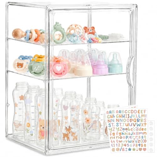 Baby Bottle Organizer for Countertop Cabinet | 3 Tier Bottle Storage Organizer with 2 Sheet Alphabet Stickers, 2 Removable Dividers and Magnetic Door, Gifts for New Mom