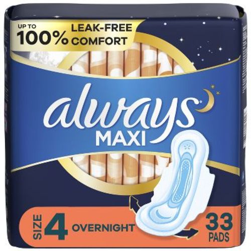 Always Maxi Pads Overnight Absorbency Unscented With Wings - Size 4 - 33ct
