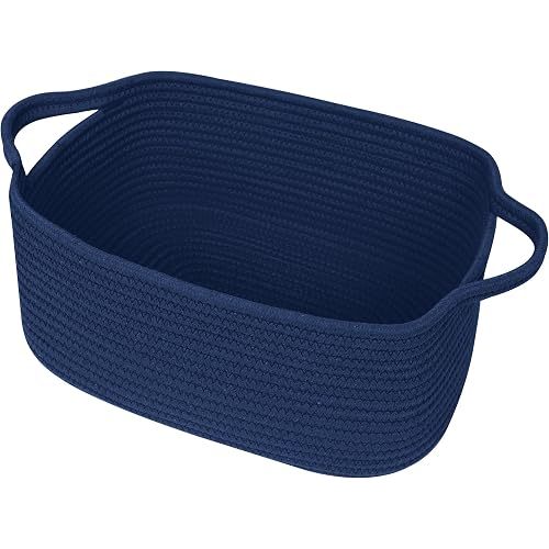 Cute Blue Woven Basket, Empty Gift Basket for Christmas, Thanksgiving, Easter, Birthday, Cotton Rope Storage Bin with Handle for Gift, Dog Toy Box, Baby Nursery Organizer, Dark Blue Decor