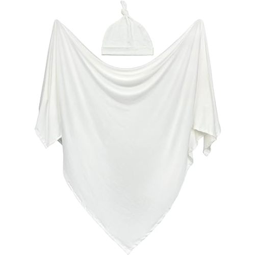 OWLOWLA Swaddle Blanket and Hat Set Newborn Swaddle Wrap Baby Receiving Blanket for Baby Boys Girls(Ivory)