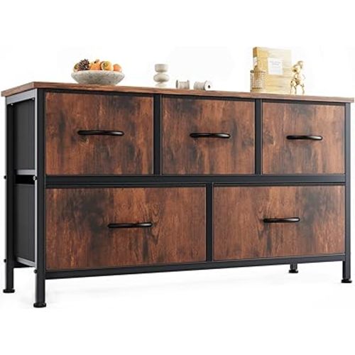 OLIXIS Dresser for Bedroom with 5 Drawers, Wide Chest of Drawers, Fabric Bedroom Dresser with Drawer Organizers, Storage Organizer Unit with Fabric Bins for Closet, Living Room, Hallway, Rustic Brown