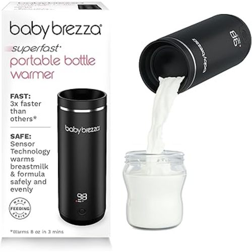 Baby Brezza SuperFast Portable Baby Bottle Warmer – 3x Faster - Travel Breastmilk Warmer and Formula Warmer - Safe, Even Heating - Up to 9oz - No Adapters, Black