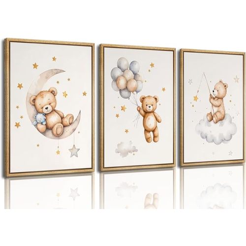3Pcs Teddy Bear Nursery Wall Art Bear Sleeping on The Moon and Stars Wall Decor Pictures Balloon Cloud Neutral Canvas Poster Prints for Kids Baby Room Kindergarten Home Decoration 16x24in Unframed