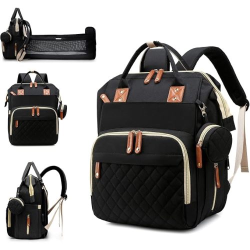 Diaper Bag with Changing Station, Waterproof 3 in 1 Diaper Backpack with Foldable Changing Pad, Insulated Bottle Holders,Large Travel Backpack for Mom & Dad, Baby essentials,Black