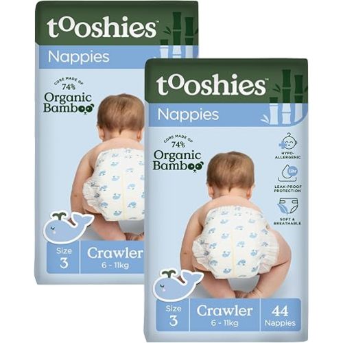 Tooshies Nappies | Size 3 Crawler 6-11kg | Made with Organic Bamboo | 12 hrs leak free | Unisex | Whale Print | 2 x 44pk | 88 count | 2 WEEK SUPPLY