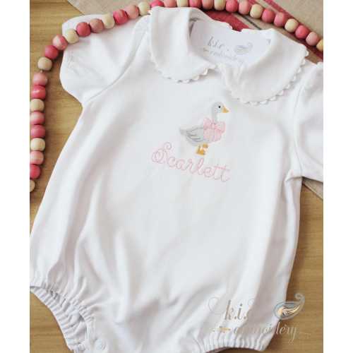 Embroidered Goose Sunsuit: Monogrammed Ruffle Bubble / Footie