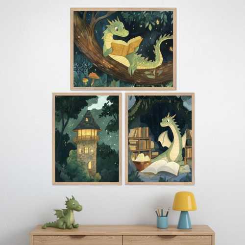 Whimsical Dragon Wall Art Set - Nursery & Kids' Room Decor, Forest Theme